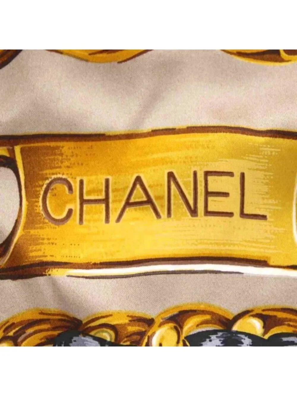 Chanel Large Scarf Shawl CC Logo Chain All Over Print Beige Yellow Black